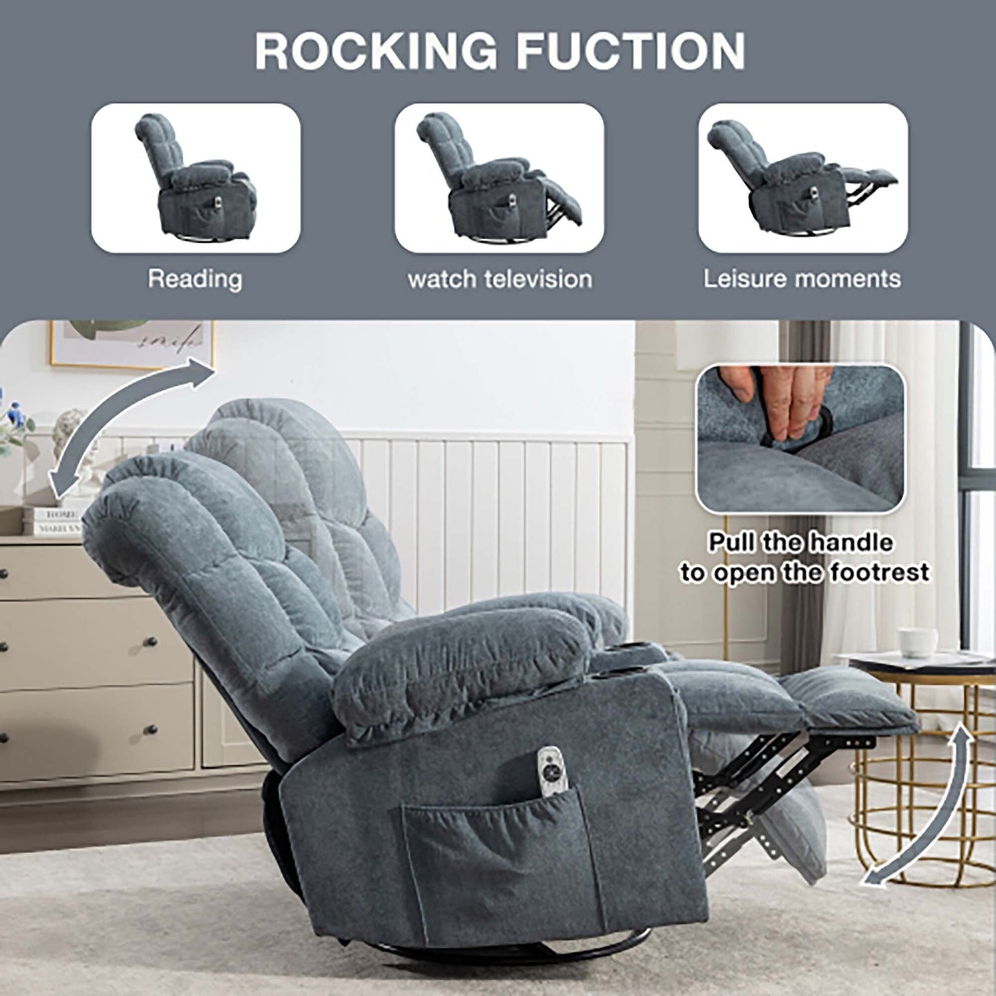 Fauteuil inclinable à bascule de massage surdimensionné avec 2 porte-gobelets