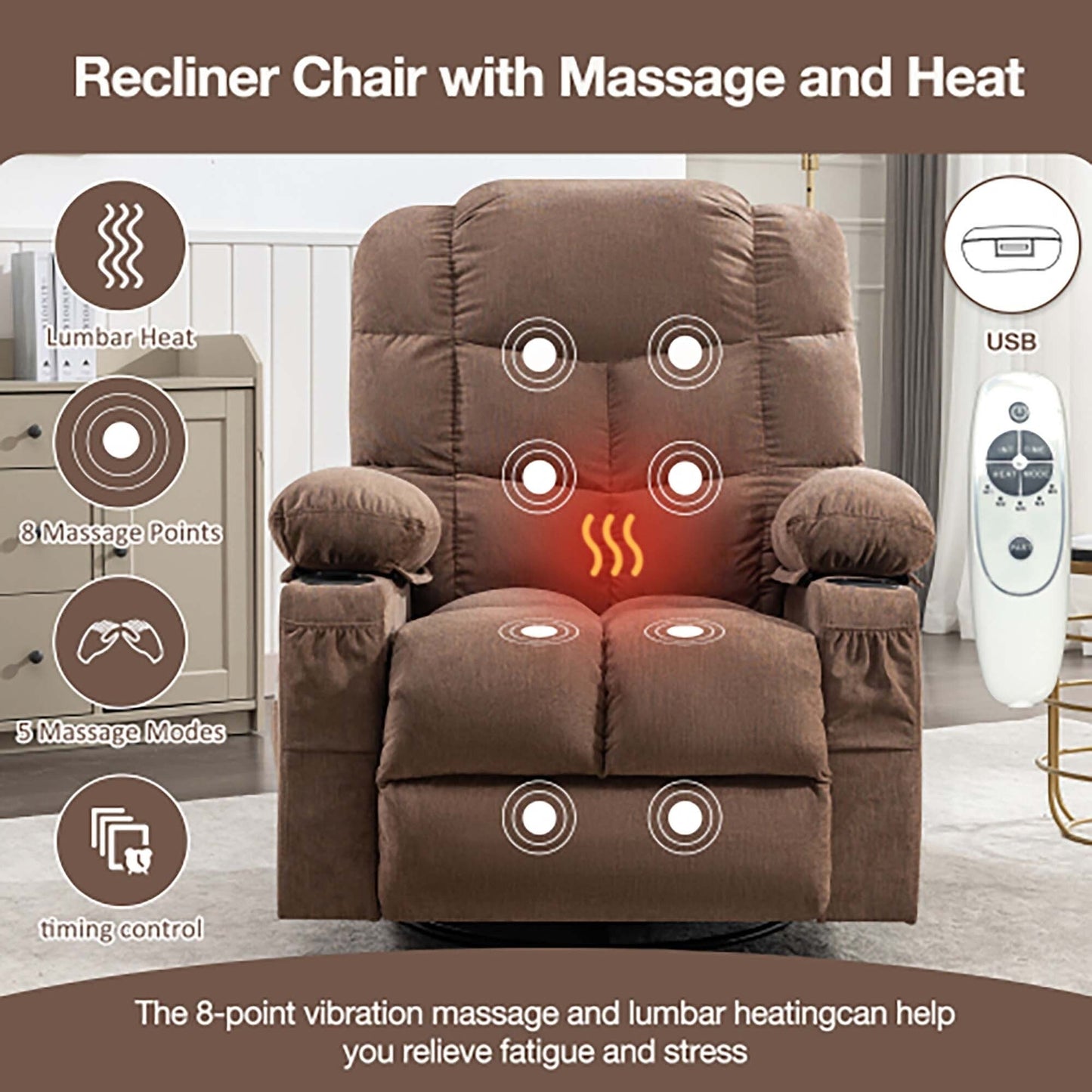 Fauteuil inclinable à bascule de massage surdimensionné avec 2 porte-gobelets