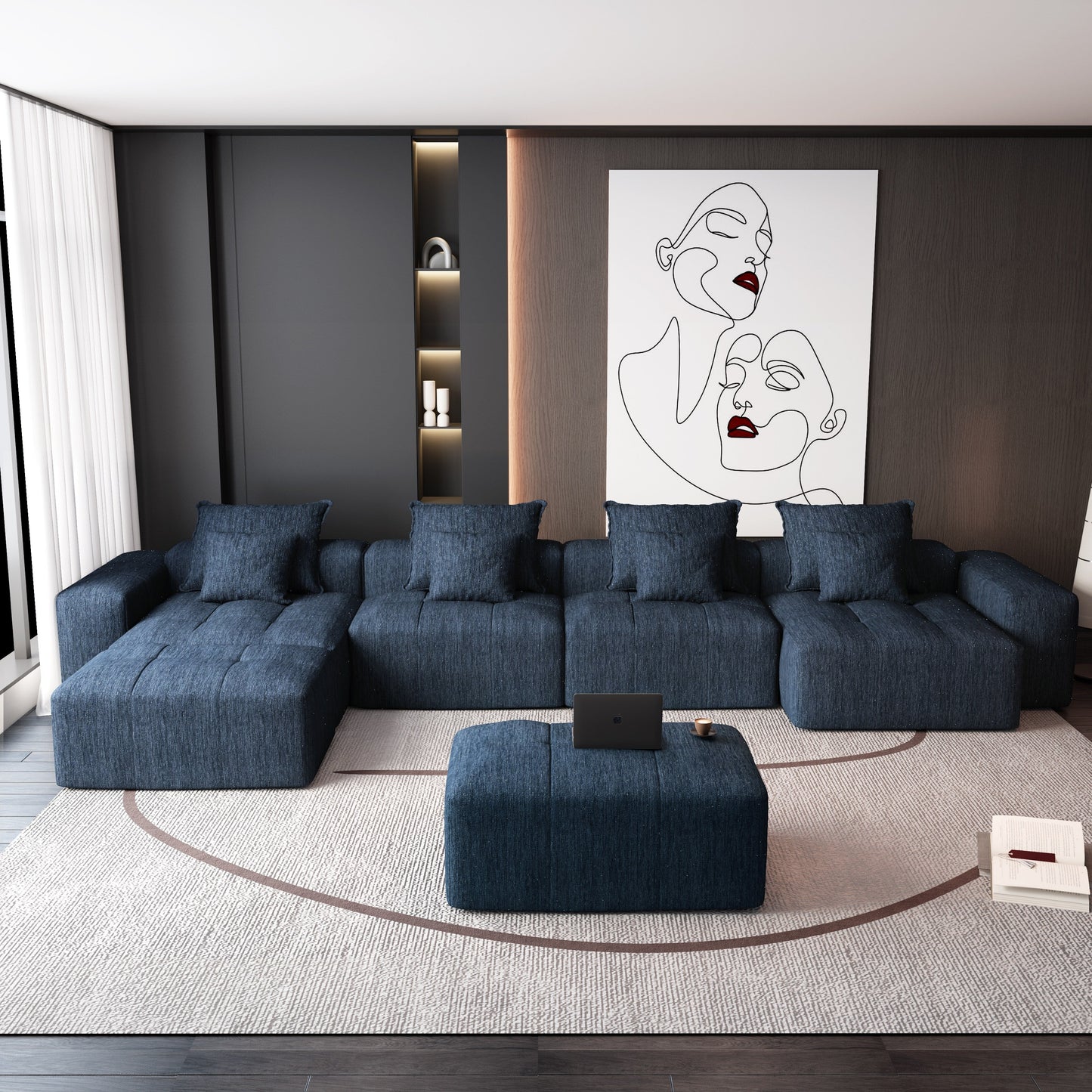 Canapé modulaire surdimensionné 6 places en chenille avec coussins et 8 oreillers pour le salon