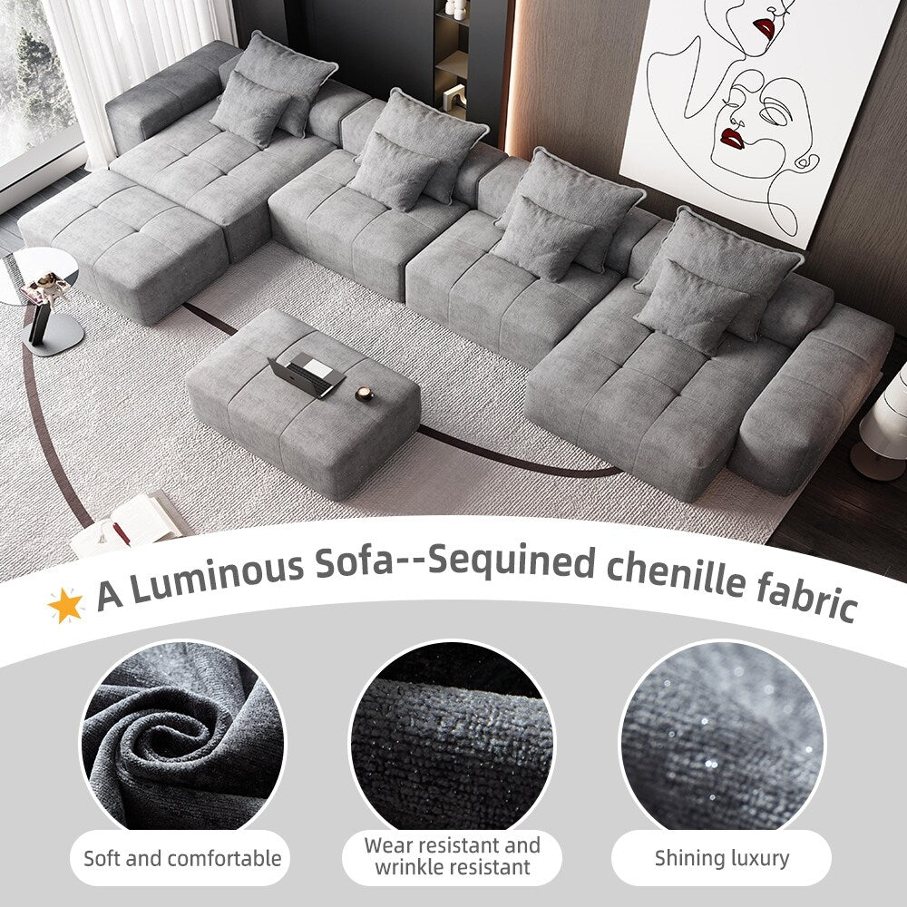 Canapé modulaire surdimensionné 6 places en chenille avec coussins et 8 oreillers pour le salon