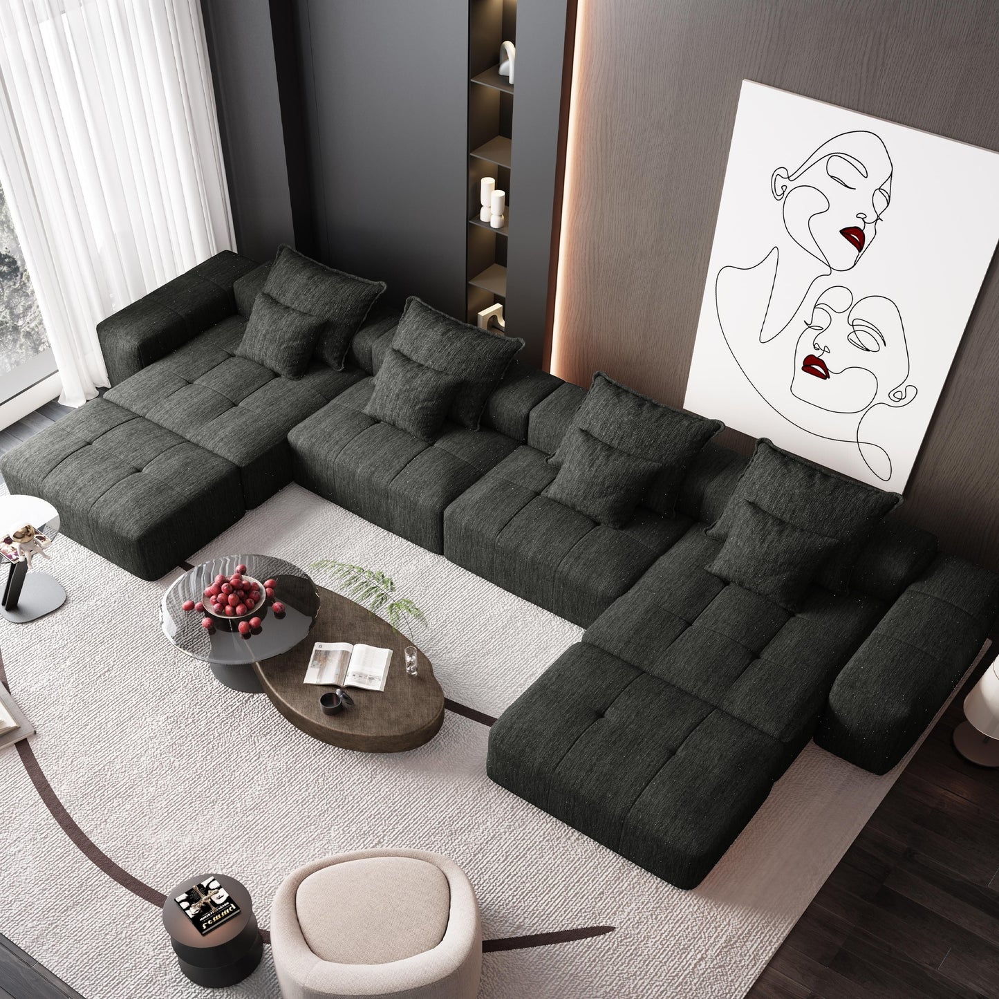 Canapé modulaire surdimensionné 6 places en chenille avec coussins et 8 oreillers pour le salon