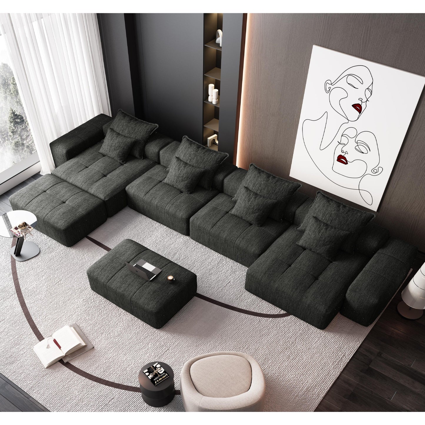 Canapé modulaire surdimensionné 6 places en chenille avec coussins et 8 oreillers pour le salon