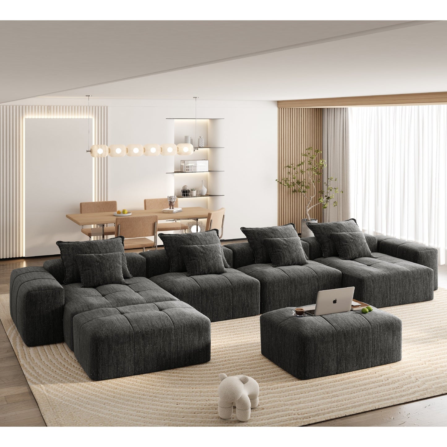 Canapé modulaire surdimensionné 6 places en chenille avec coussins et 8 oreillers pour le salon
