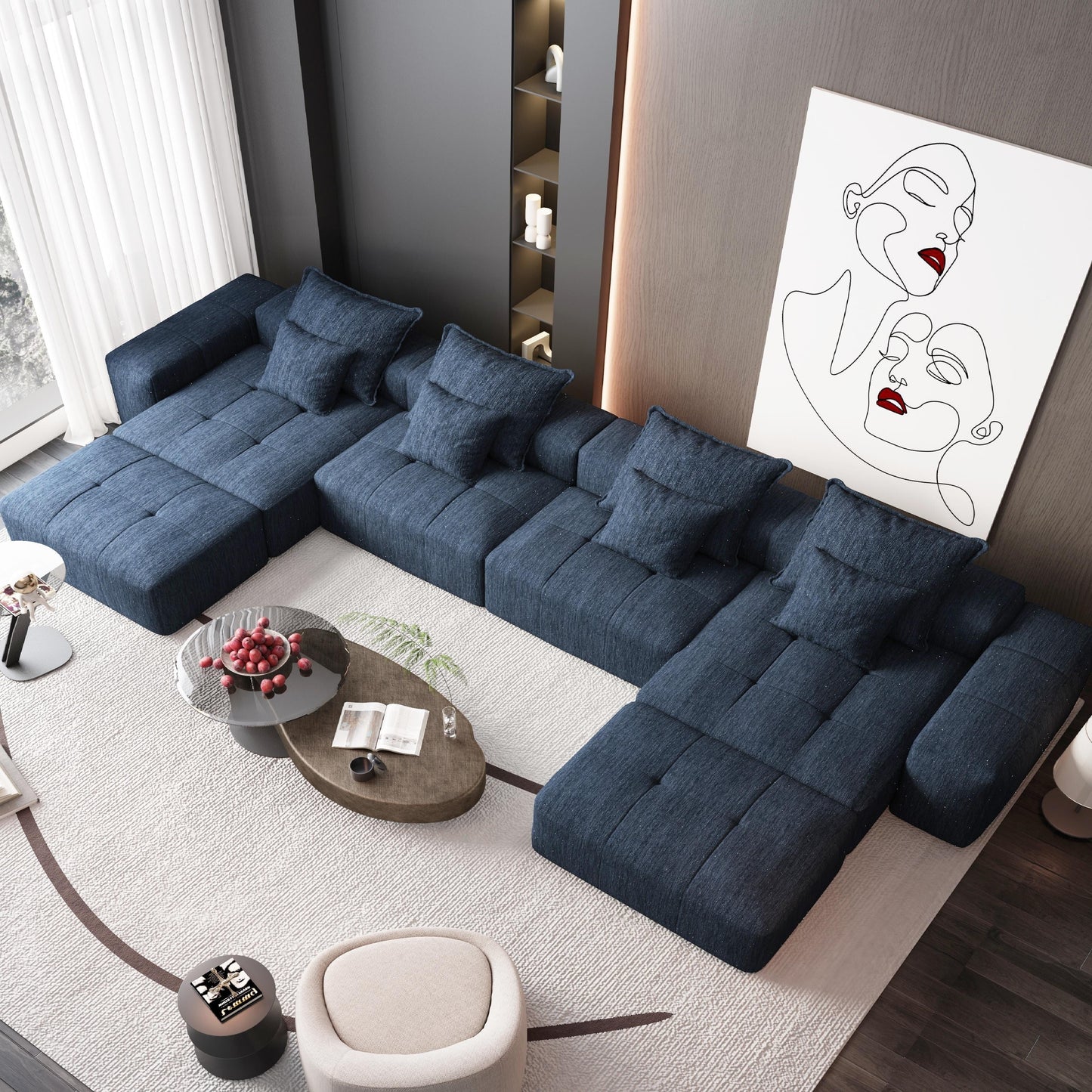 Canapé modulaire surdimensionné 6 places en chenille avec coussins et 8 oreillers pour le salon