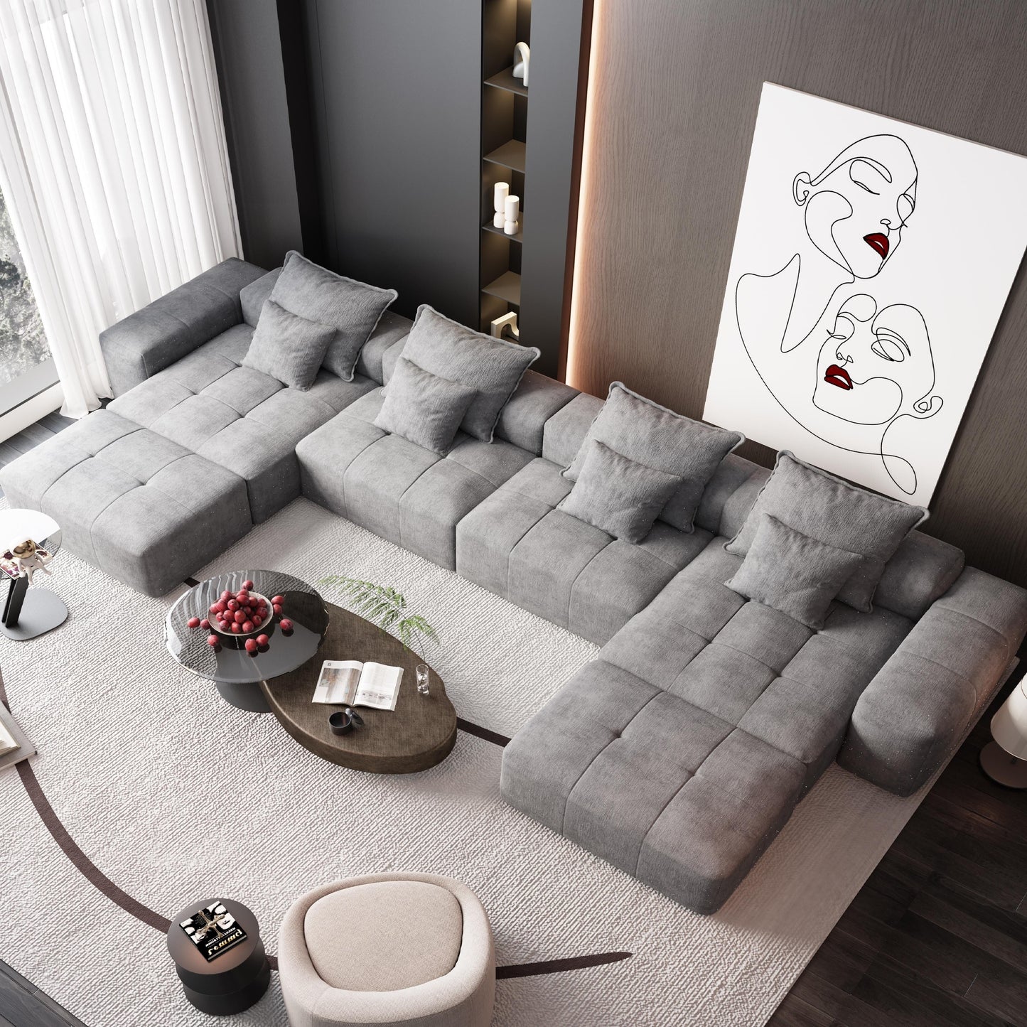Canapé modulaire surdimensionné 6 places en chenille avec coussins et 8 oreillers pour le salon