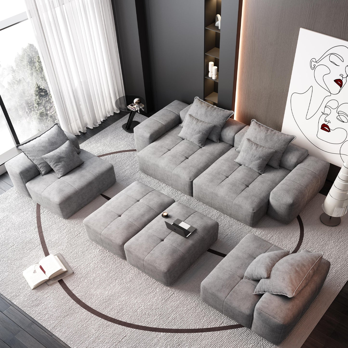 Canapé modulaire surdimensionné 6 places en chenille avec coussins et 8 oreillers pour le salon
