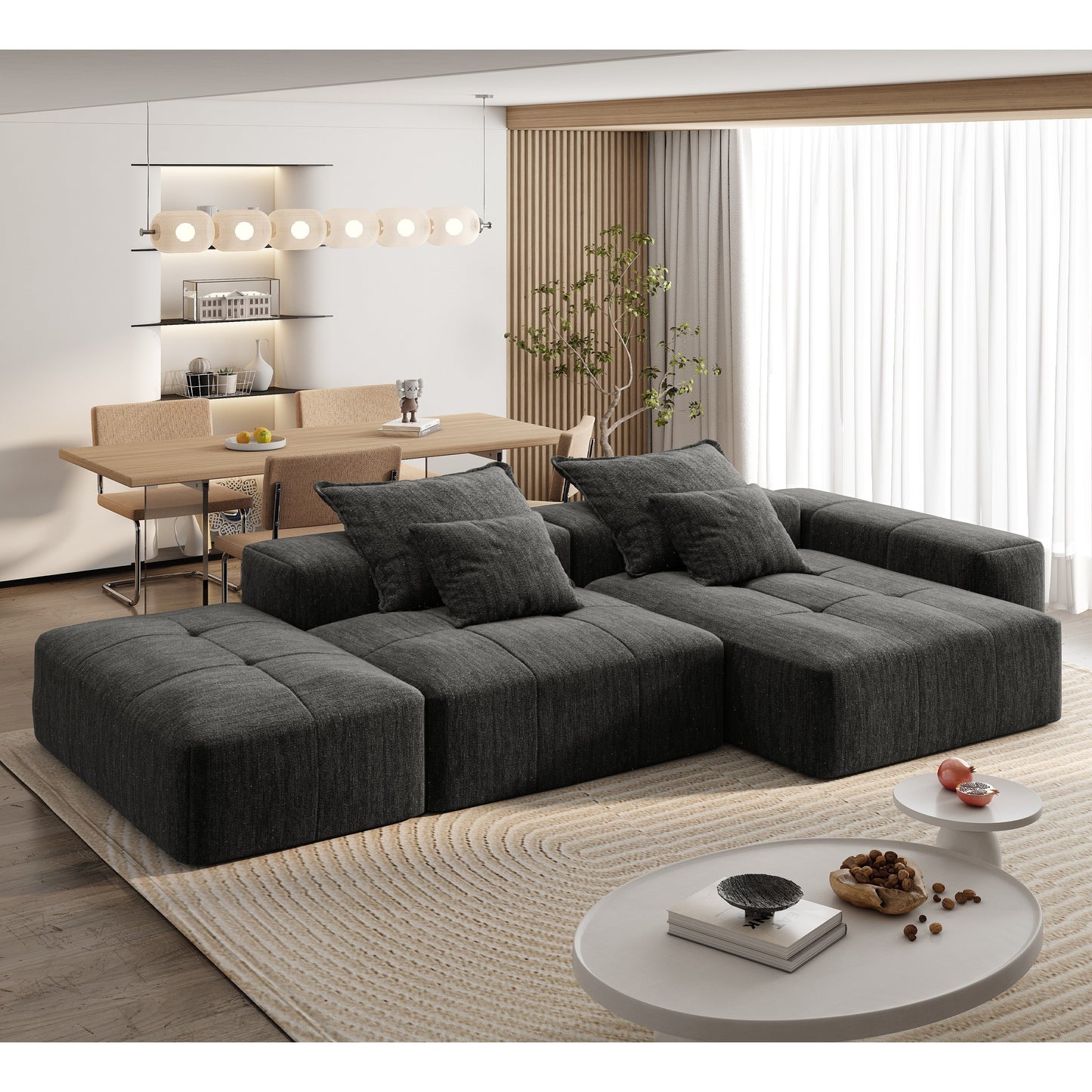 Canapé modulaire surdimensionné en chenille avec pouf, méridienne, 1 accoudoir et 4 coussins pour le salon