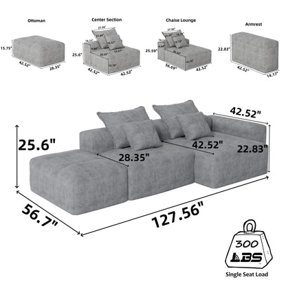 Canapé modulaire surdimensionné en chenille avec pouf, méridienne, 1 accoudoir et 4 coussins pour le salon