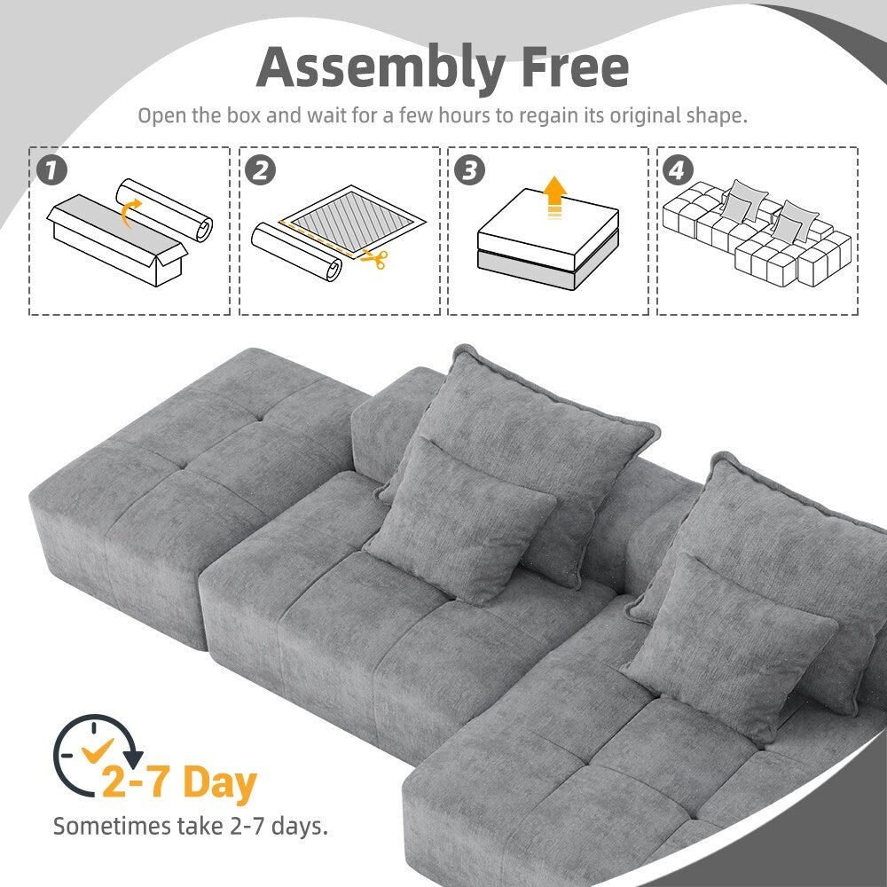 Canapé modulaire surdimensionné en chenille avec pouf, méridienne, 1 accoudoir et 4 coussins pour le salon