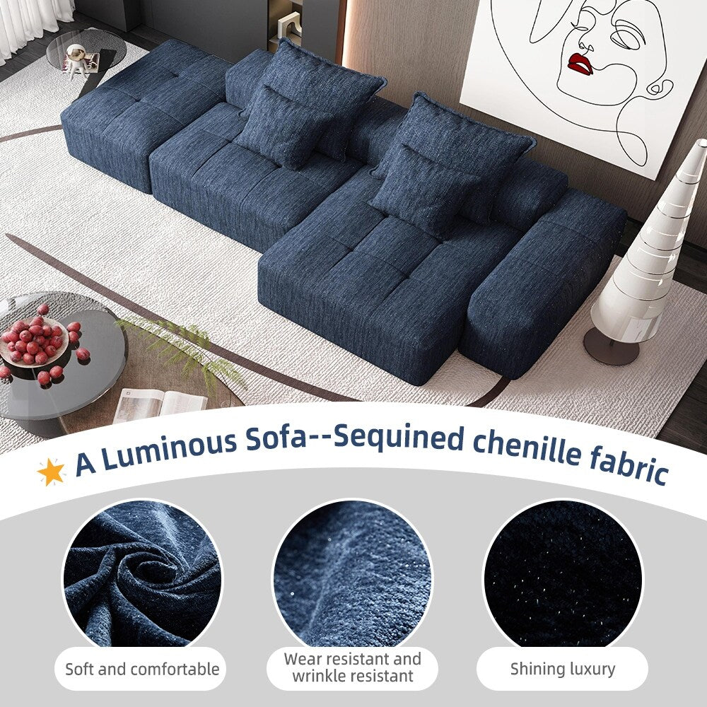 Canapé modulaire surdimensionné en chenille avec pouf, méridienne, 1 accoudoir et 4 coussins pour le salon