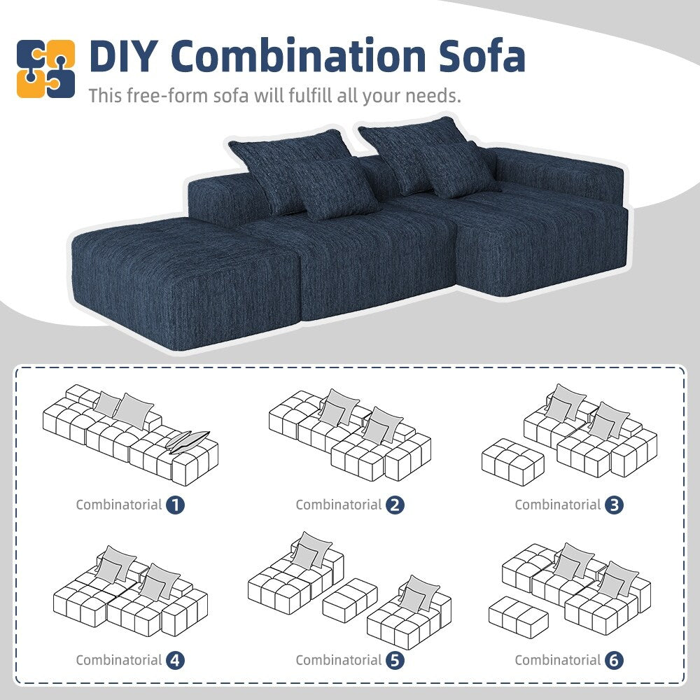 Canapé modulaire surdimensionné en chenille avec pouf, méridienne, 1 accoudoir et 4 coussins pour le salon