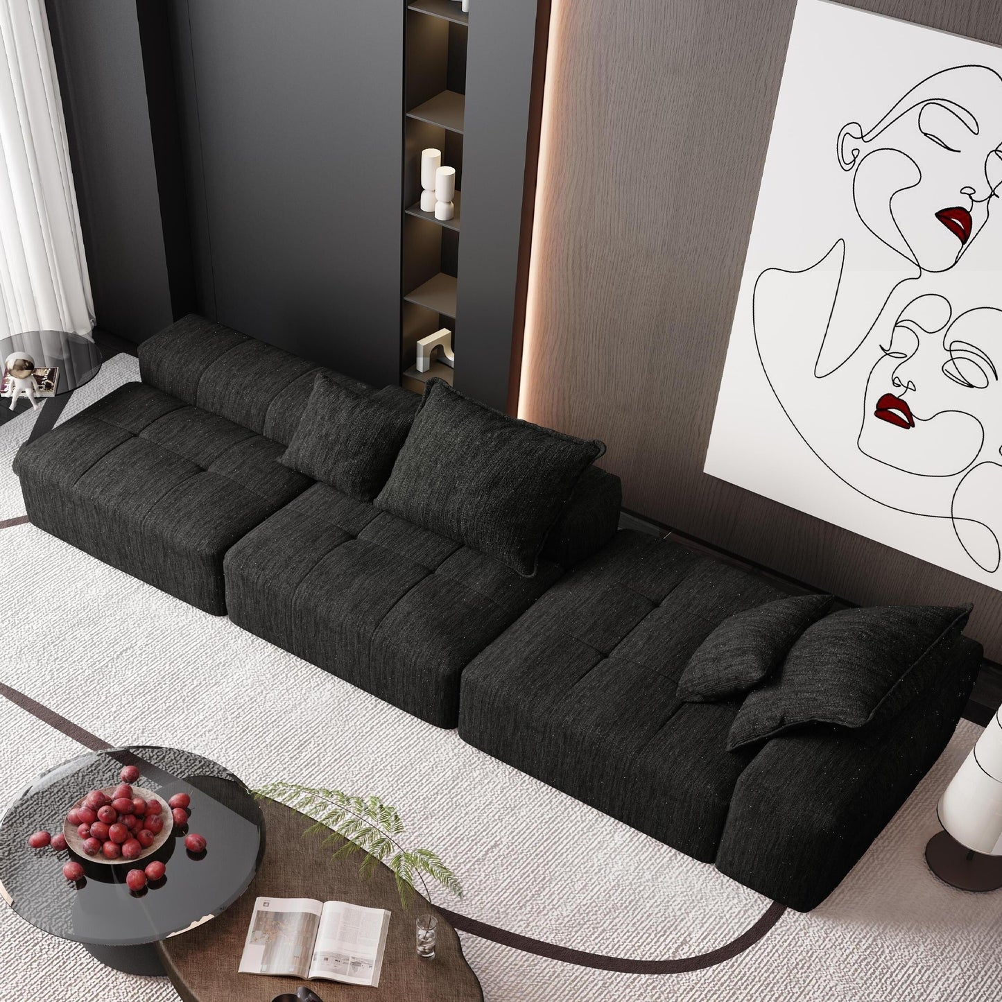Canapé modulaire surdimensionné en chenille avec pouf, méridienne, 1 accoudoir et 4 coussins pour le salon