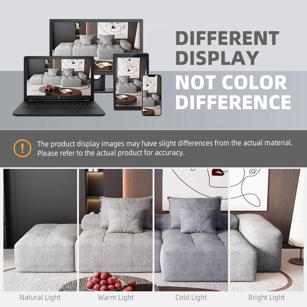 Canapé modulaire surdimensionné en chenille avec pouf, méridienne, 1 accoudoir et 4 coussins pour le salon