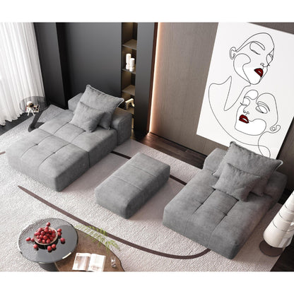 Canapé modulaire surdimensionné en chenille avec pouf, méridienne, 1 accoudoir et 4 coussins pour le salon