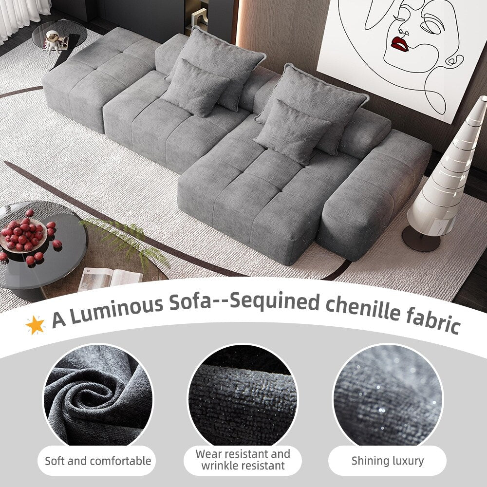 Canapé modulaire surdimensionné en chenille avec pouf, méridienne, 1 accoudoir et 4 coussins pour le salon