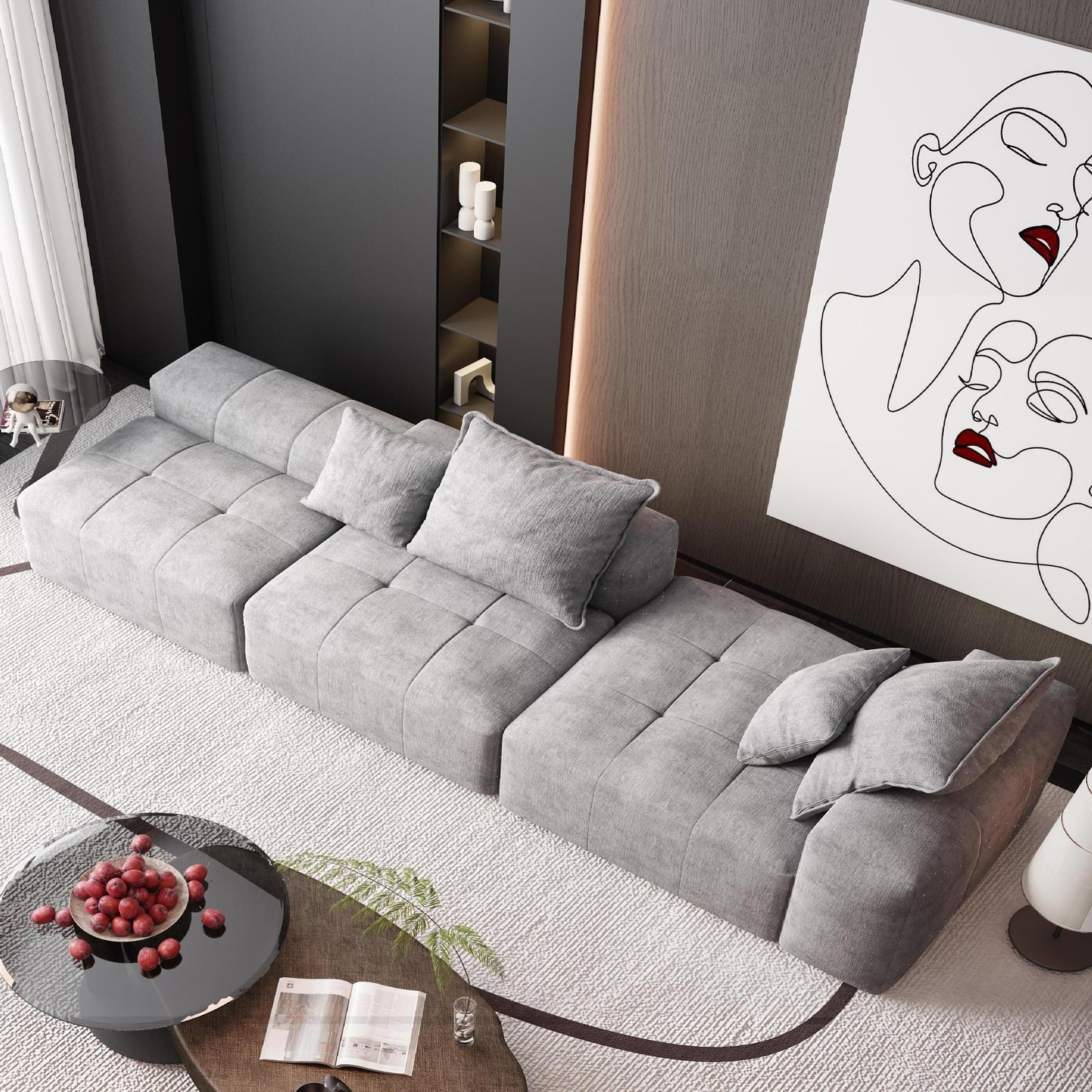 Canapé modulaire surdimensionné en chenille avec pouf, méridienne, 1 accoudoir et 4 coussins pour le salon