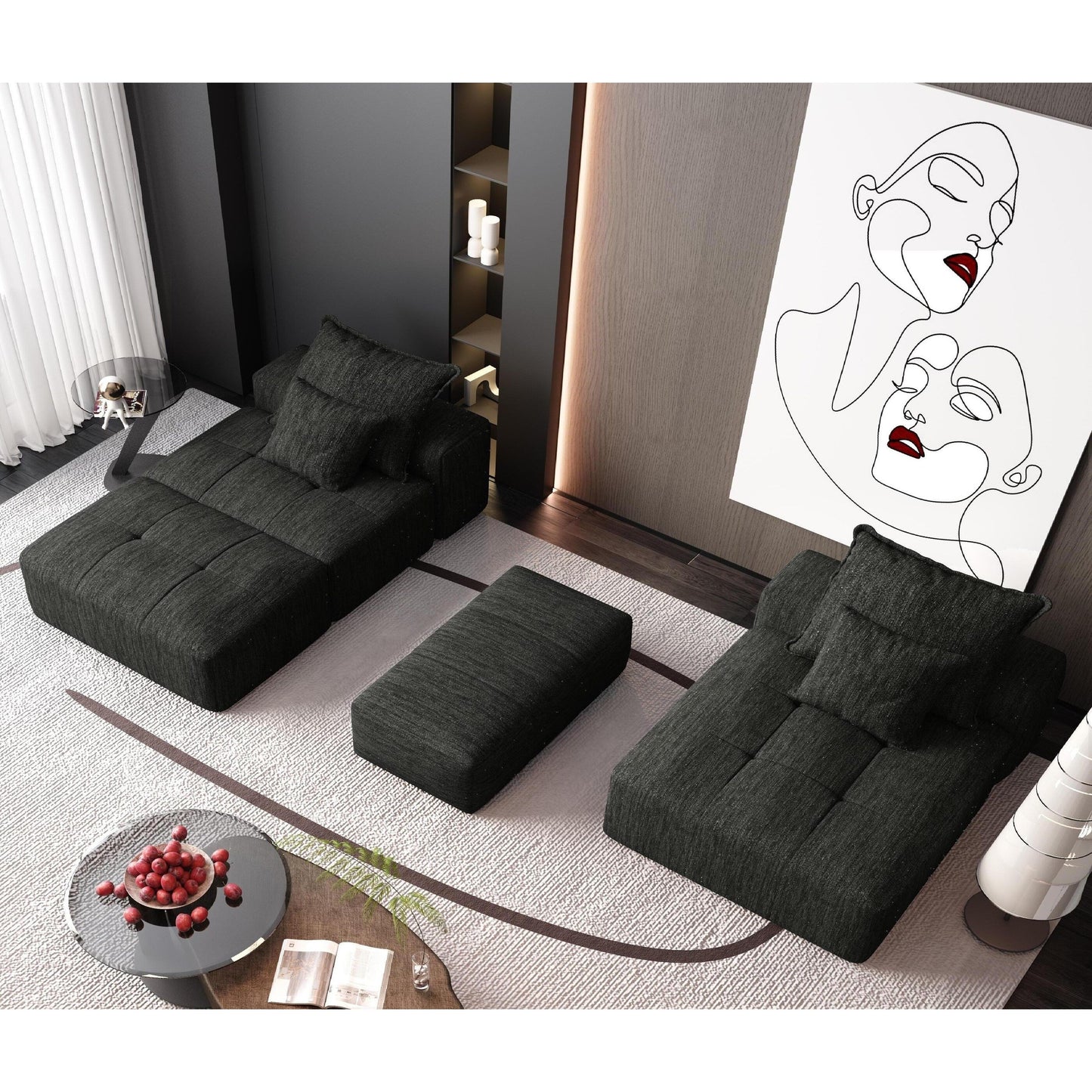 Canapé modulaire surdimensionné en chenille avec pouf, méridienne, 1 accoudoir et 4 coussins pour le salon