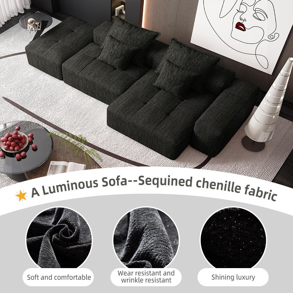 Canapé modulaire surdimensionné en chenille avec pouf, méridienne, 1 accoudoir et 4 coussins pour le salon