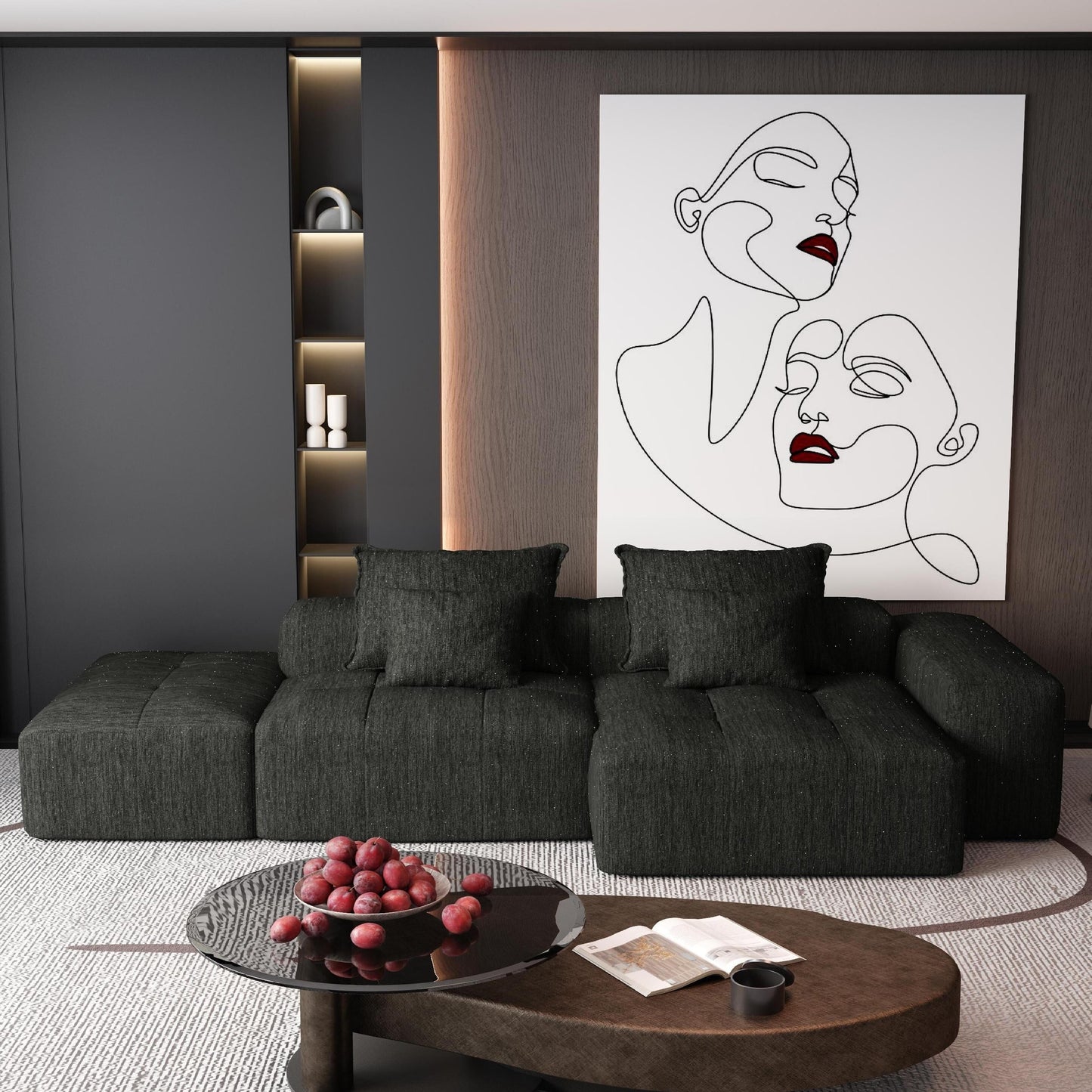 Canapé modulaire surdimensionné en chenille avec pouf, méridienne, 1 accoudoir et 4 coussins pour le salon