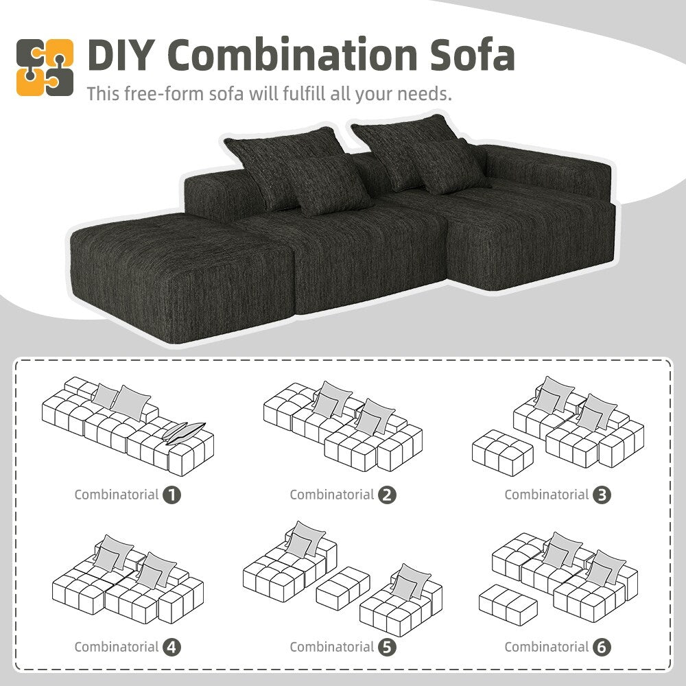 Canapé modulaire surdimensionné en chenille avec pouf, méridienne, 1 accoudoir et 4 coussins pour le salon