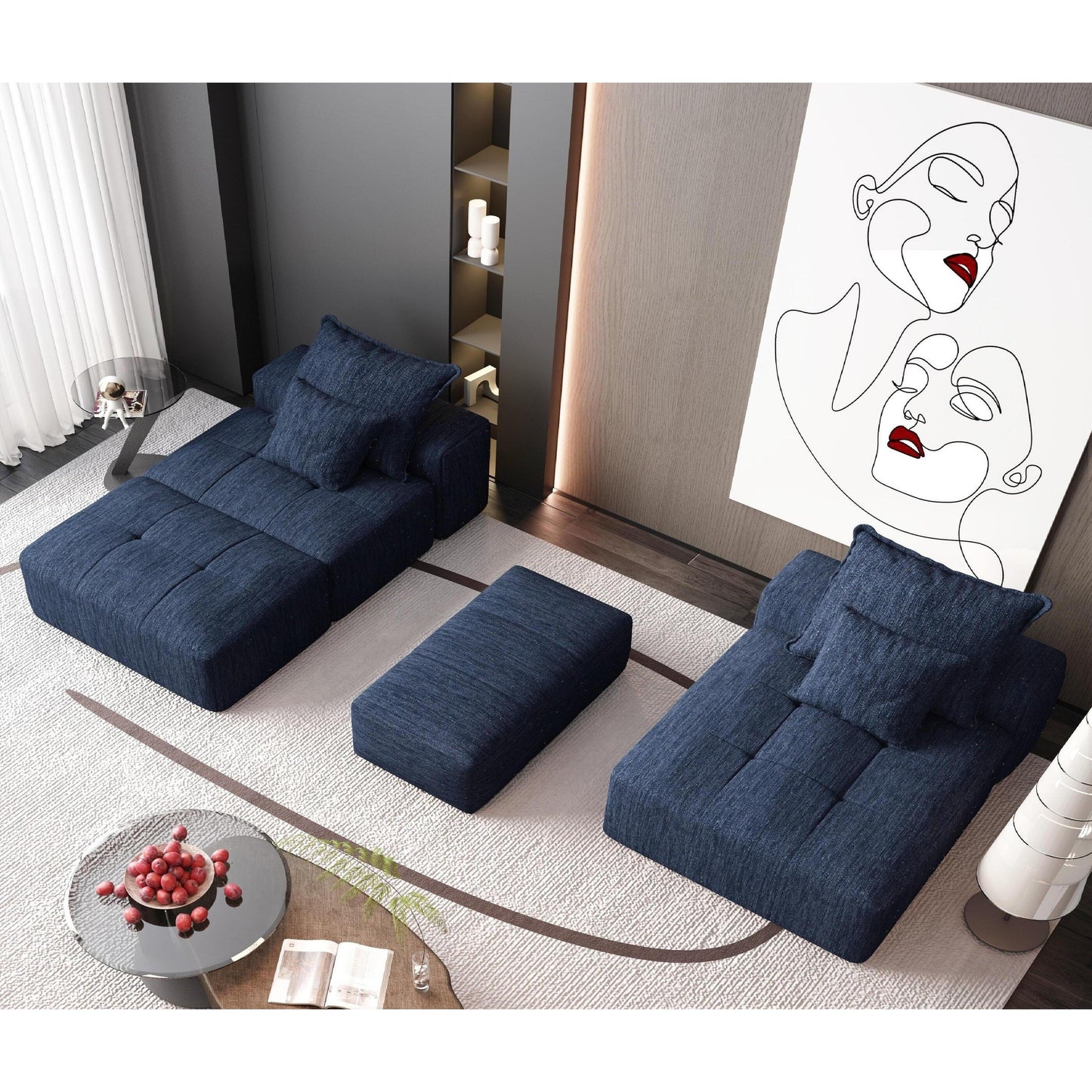 Canapé modulaire surdimensionné en chenille avec pouf, méridienne, 1 accoudoir et 4 coussins pour le salon