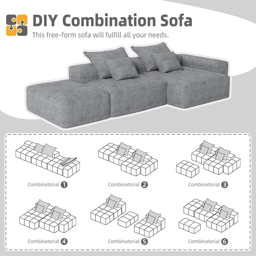 Canapé modulaire surdimensionné en chenille avec pouf, méridienne, 1 accoudoir et 4 coussins pour le salon