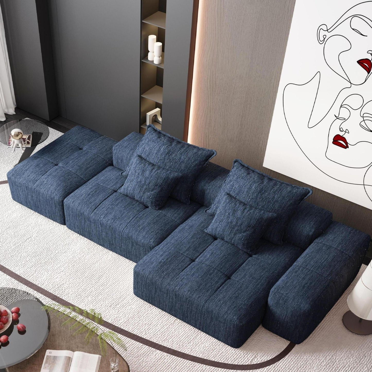 Canapé modulaire surdimensionné en chenille avec pouf, méridienne, 1 accoudoir et 4 coussins pour le salon