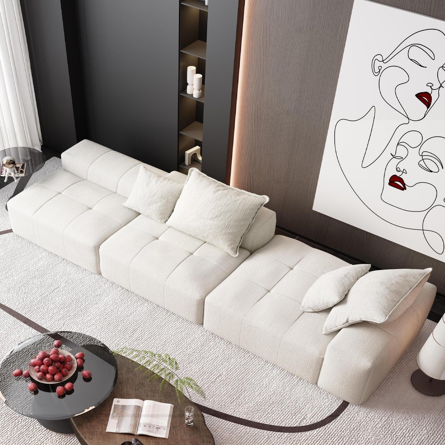 Canapé modulaire surdimensionné en chenille avec pouf, méridienne, 1 accoudoir et 4 coussins pour le salon