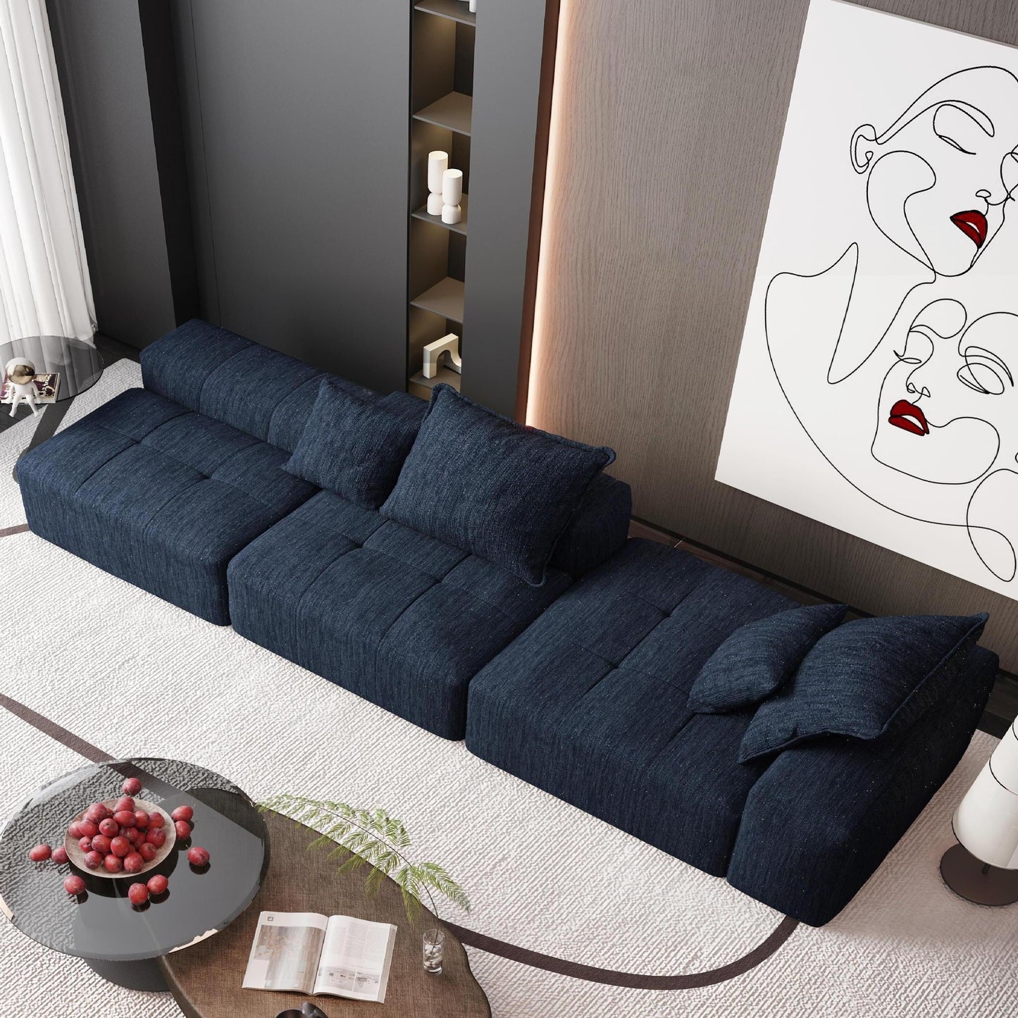 Canapé modulaire surdimensionné en chenille avec pouf, méridienne, 1 accoudoir et 4 coussins pour le salon