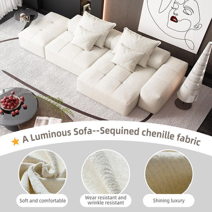 Canapé modulaire surdimensionné en chenille avec pouf, méridienne, 1 accoudoir et 4 coussins pour le salon