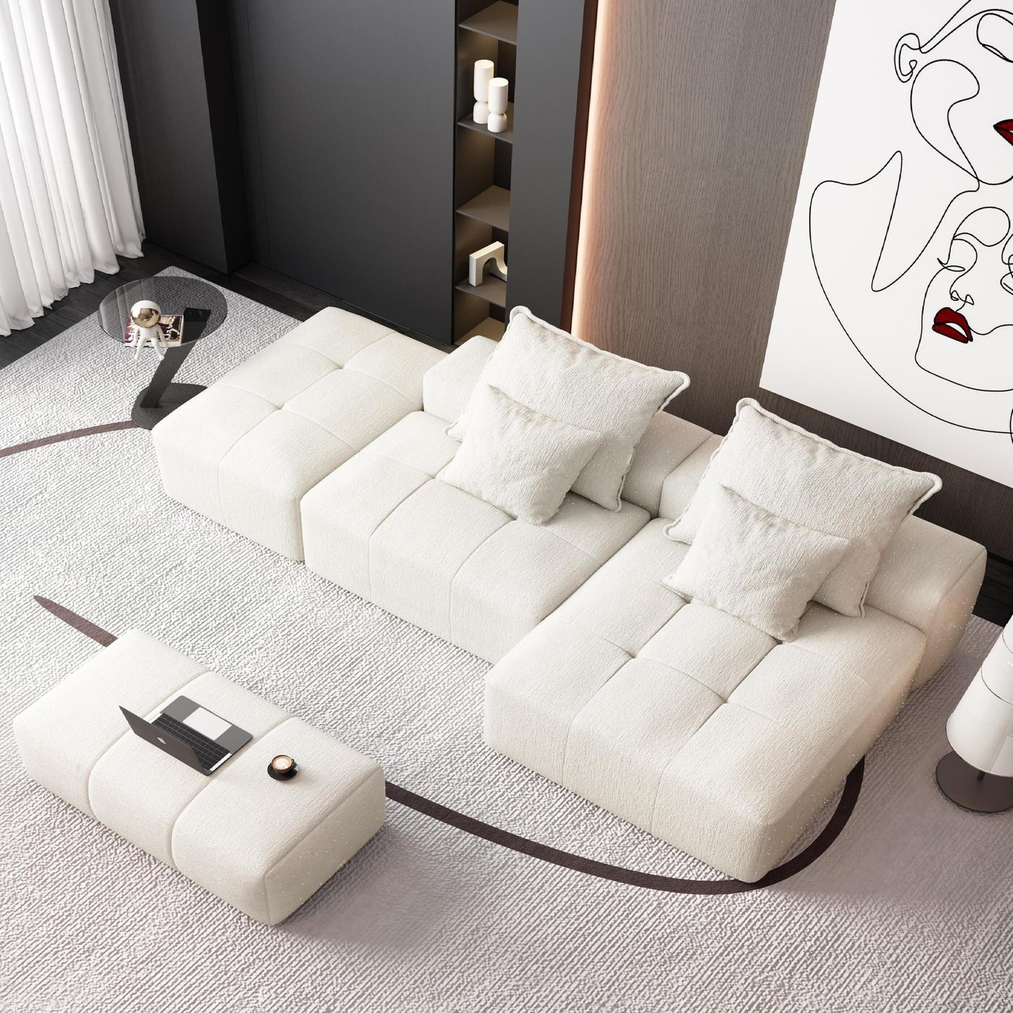 Canapé modulaire surdimensionné en chenille avec pouf, méridienne, 1 accoudoir et 4 coussins pour le salon