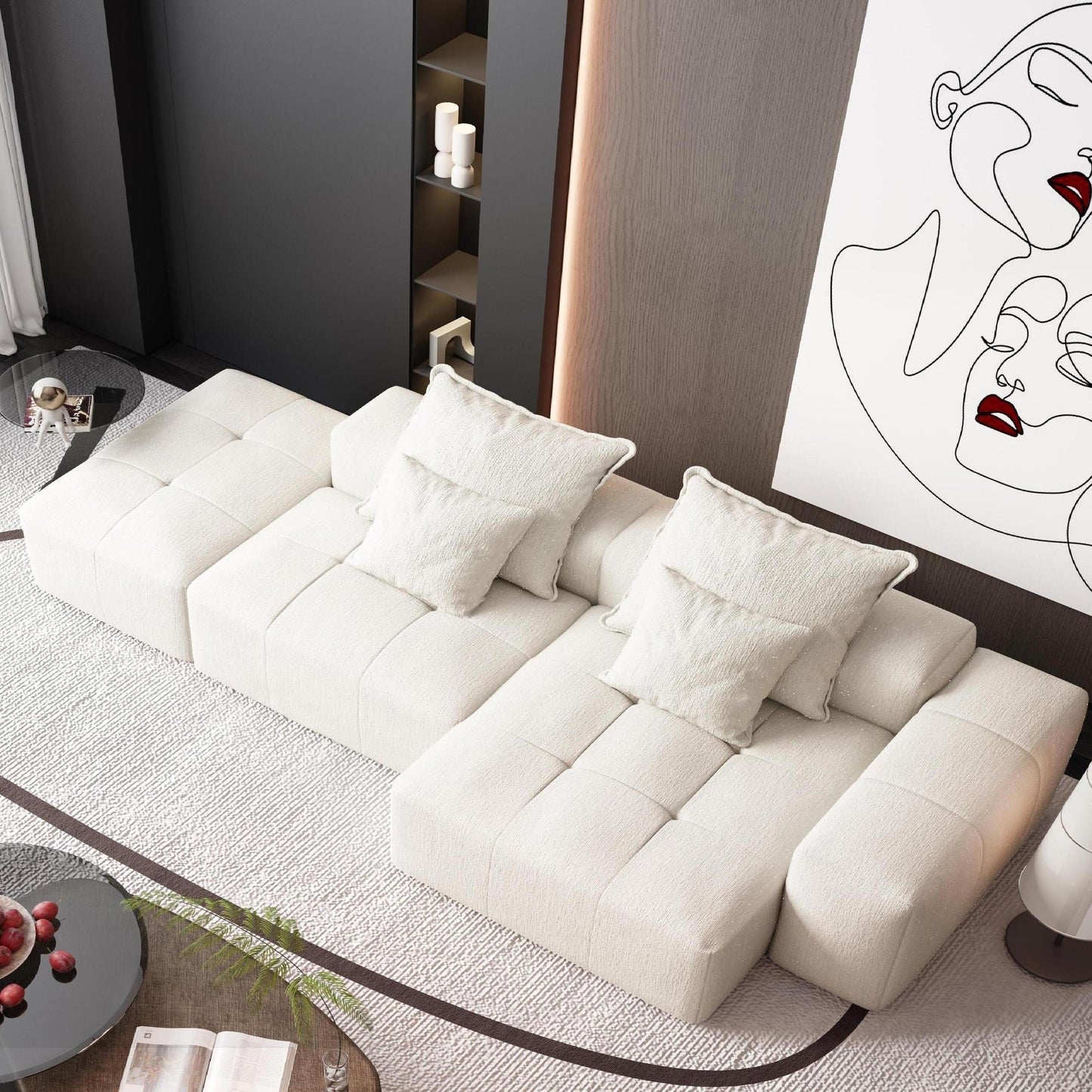 Canapé modulaire surdimensionné en chenille avec pouf, méridienne, 1 accoudoir et 4 coussins pour le salon