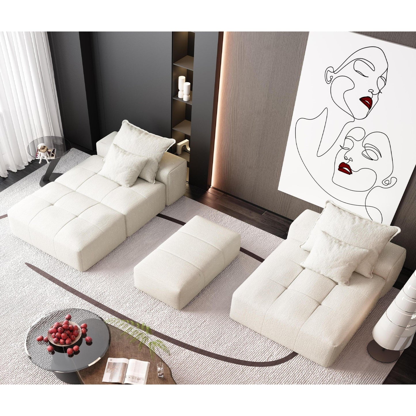 Canapé modulaire surdimensionné en chenille avec pouf, méridienne, 1 accoudoir et 4 coussins pour le salon