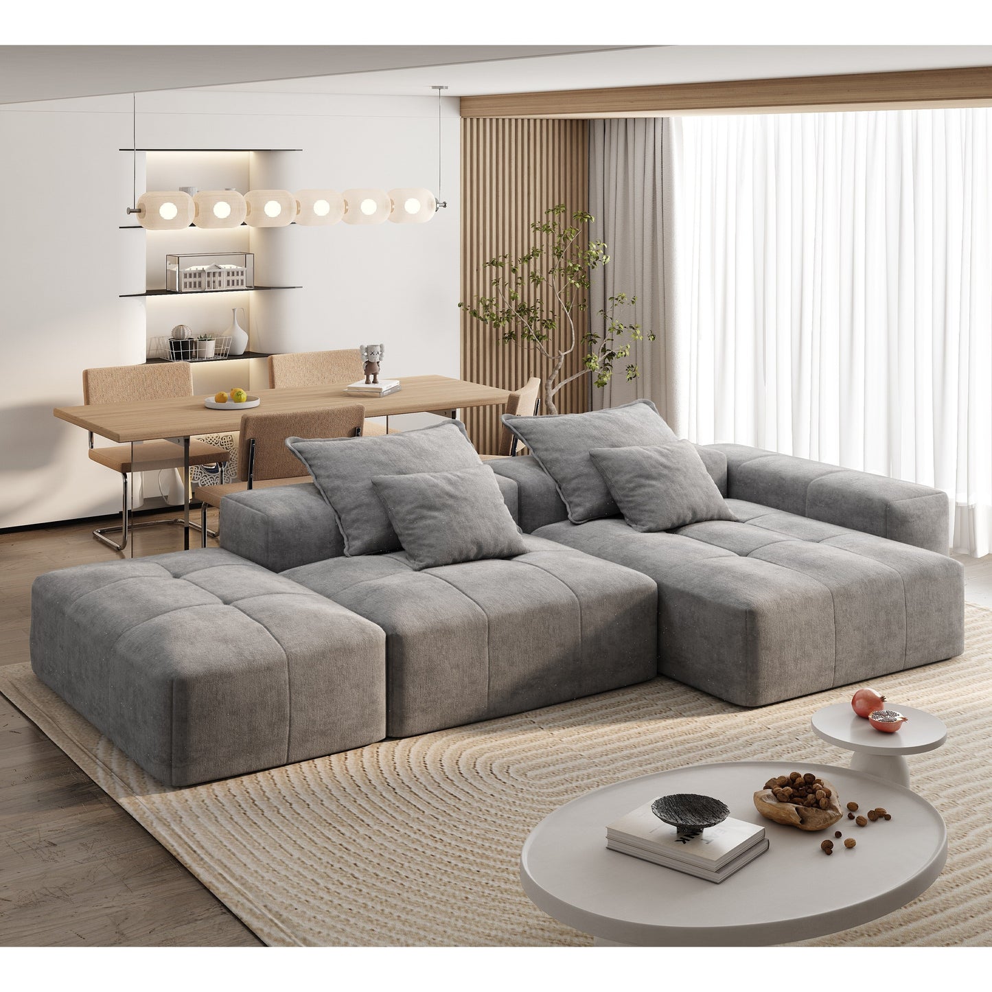 Canapé modulaire surdimensionné en chenille avec pouf, méridienne, 1 accoudoir et 4 coussins pour le salon