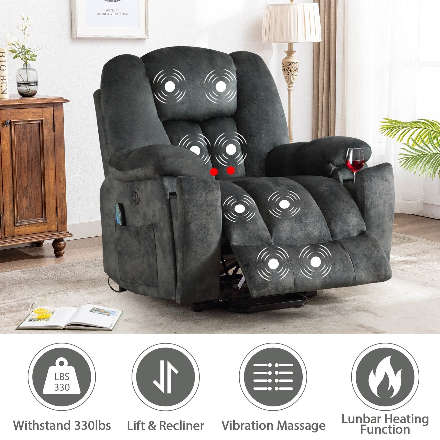 Fauteuil inclinable électrique surdimensionné avec massage et chauffage, avec 2 porte-gobelets dissimulés pour personnes âgées