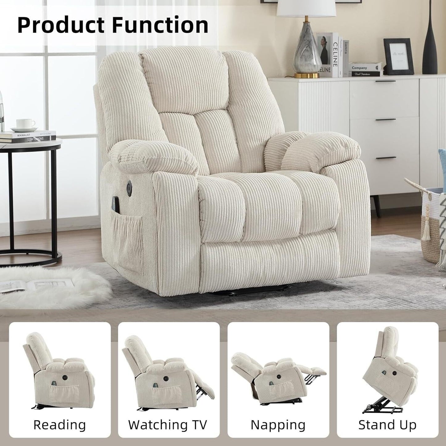Fauteuil inclinable électrique surdimensionné avec massage et chauffage, avec 2 porte-gobelets dissimulés pour personnes âgées