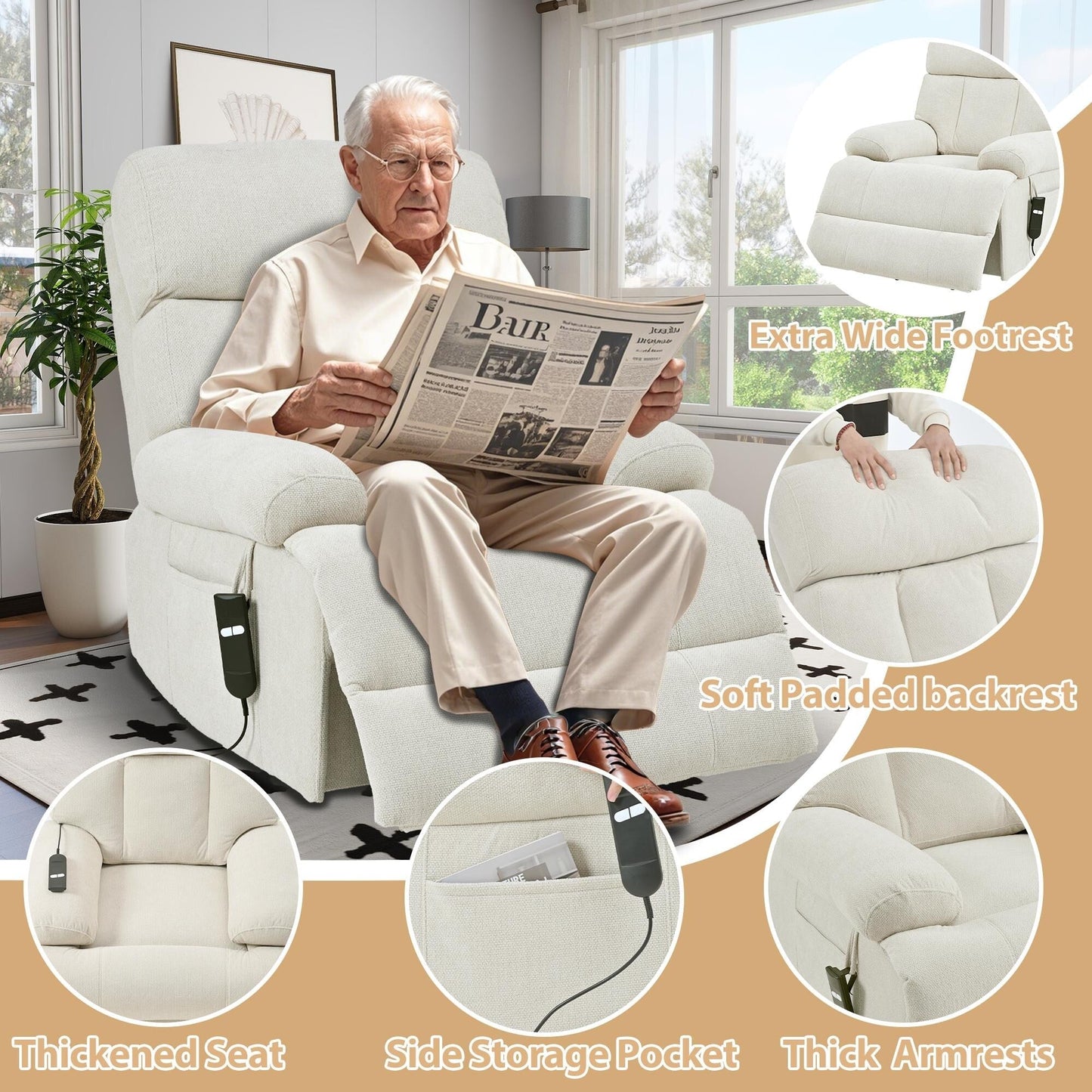 Fauteuil inclinable électrique surdimensionné pour personnes âgées, canapé inclinable avec télécommande, poche latérale, siège spacieux