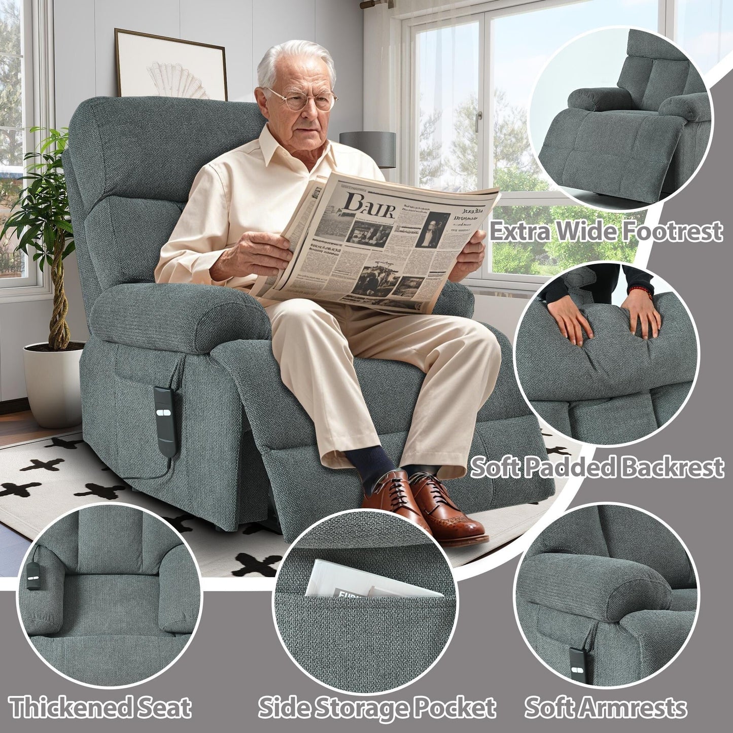 Fauteuil inclinable électrique surdimensionné pour personnes âgées, canapé inclinable avec télécommande, poche latérale, siège spacieux
