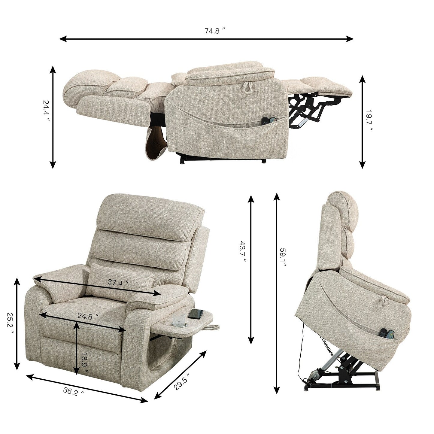 Fauteuil inclinable électrique surdimensionné avec massage thermique, position allongée à 180°