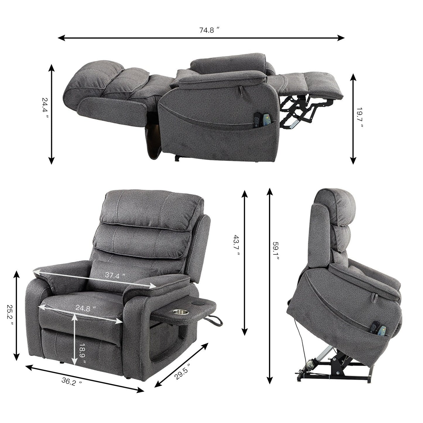 Fauteuil inclinable électrique surdimensionné avec massage thermique, position allongée à 180°