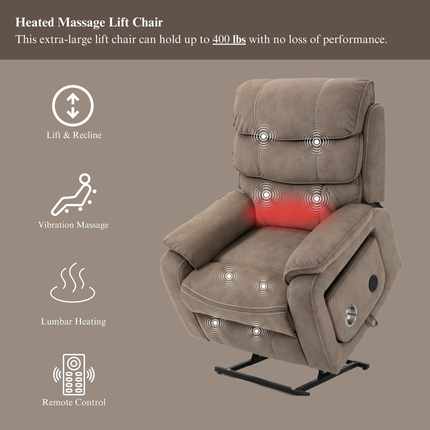 Fauteuil inclinable électrique surdimensionné avec massage thermique, position allongée à 180°