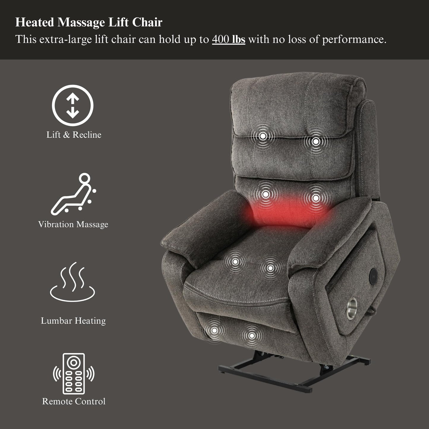 Fauteuil inclinable électrique surdimensionné avec massage thermique, position allongée à 180°
