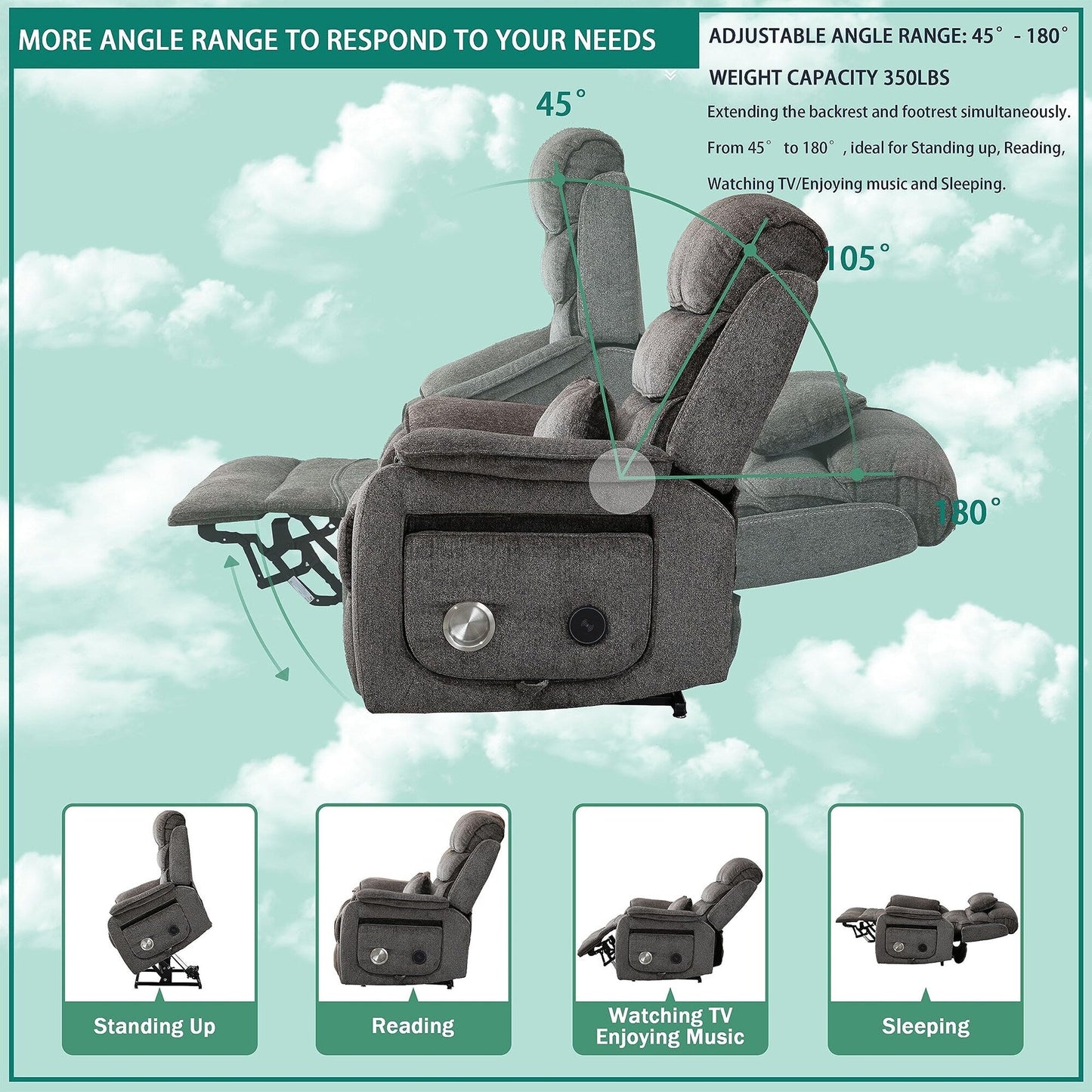 Fauteuil inclinable électrique surdimensionné avec massage thermique, position allongée à 180°