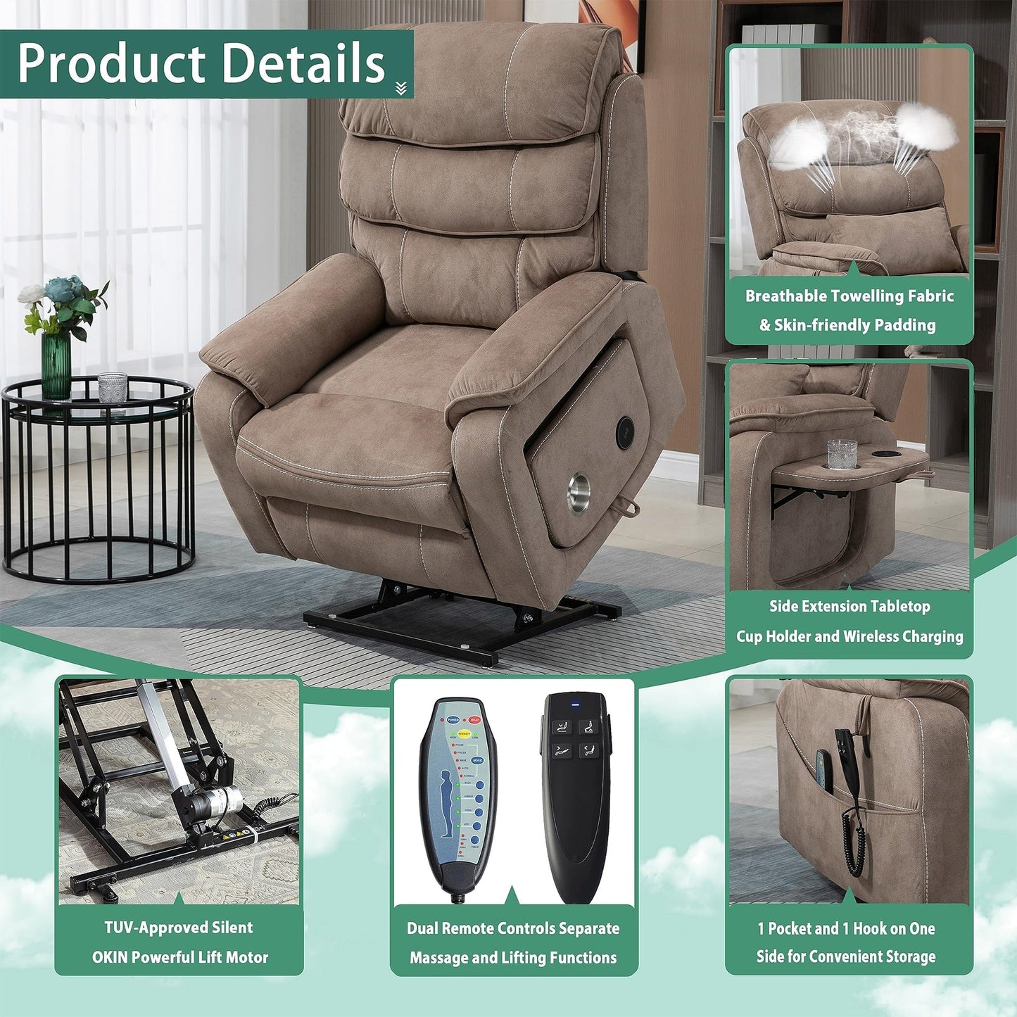 Fauteuil inclinable électrique surdimensionné avec massage thermique, position allongée à 180°