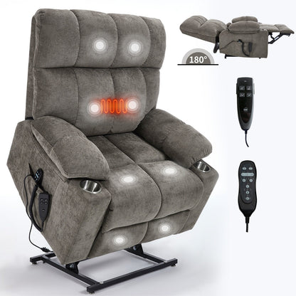 Fauteuil inclinable électrique surdimensionné avec double moteur, massage et chauffage lombaire, revêtement en chenille, deux porte-gobelets et poches latérales