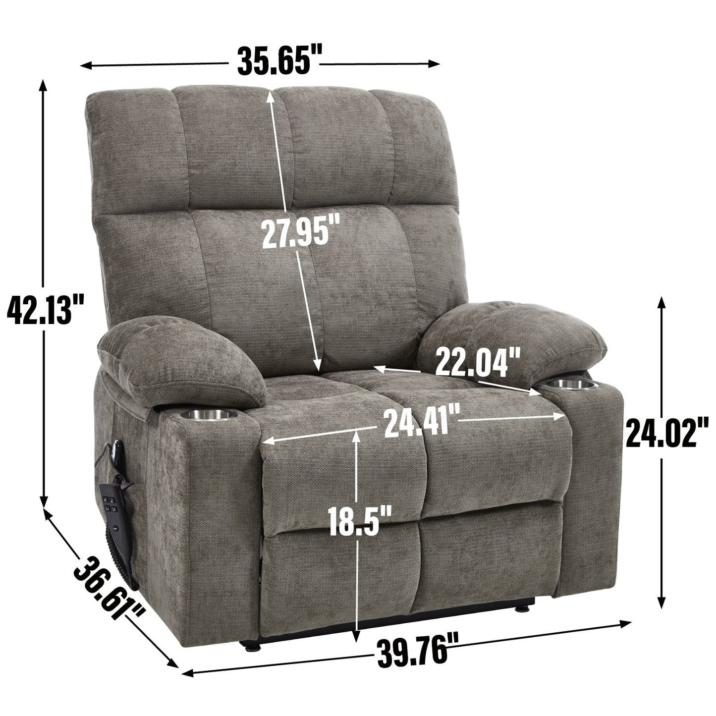 Fauteuil inclinable électrique surdimensionné avec double moteur, massage et chauffage lombaire, revêtement en chenille, deux porte-gobelets et poches latérales
