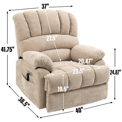 Fauteuil inclinable électrique surdimensionné avec massage, chauffage, vibration à 8 points, chauffage lombaire, port USB, deux poches latérales