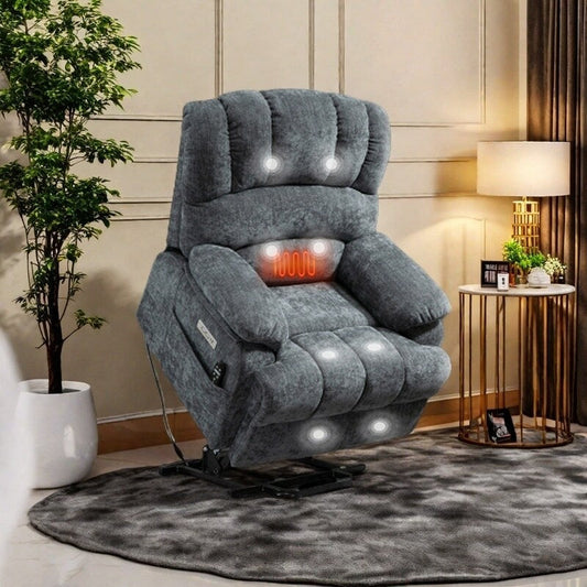 Fauteuil inclinable électrique surdimensionné avec massage, chauffage, vibration à 8 points, chauffage lombaire, port USB, deux poches latérales