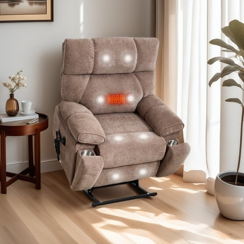 Fauteuil inclinable électrique surdimensionné avec deux moteurs, fonctions de chauffage et de massage, inclinaison infinie, porte-gobelets dissimulés