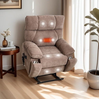 Fauteuil inclinable électrique surdimensionné avec deux moteurs, fonctions de chauffage et de massage, inclinaison infinie, porte-gobelets dissimulés
